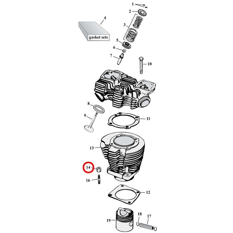 Cylinder Parts Diagram Exploded View for 57-85 Harley Sportster 14) 52-85 K, XL. Cylinder base nut kit, hex style. Replaces OEM: 16603-72