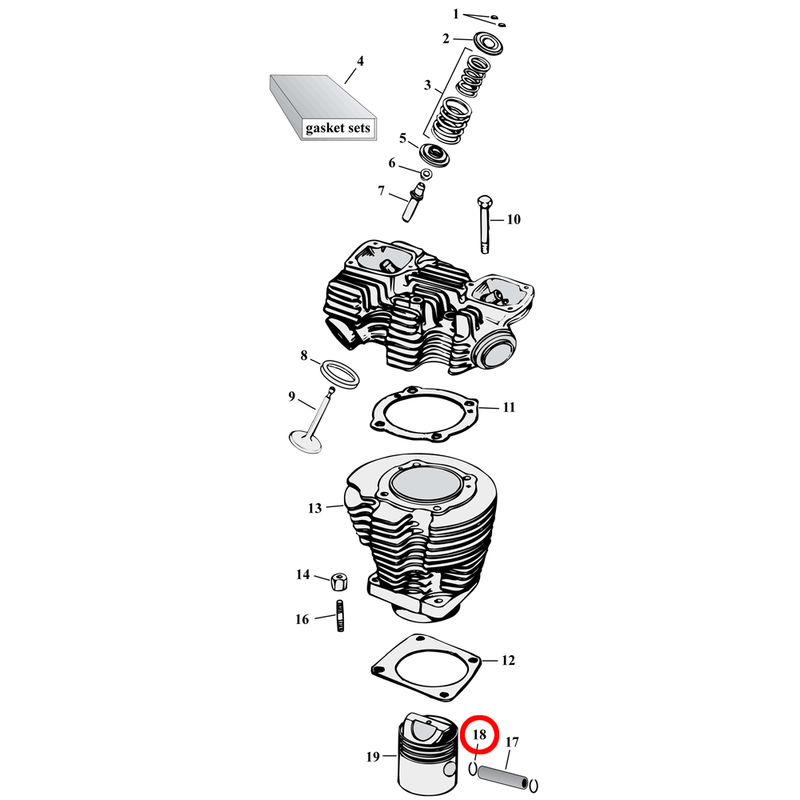 Cylinder Parts Diagram Exploded View for 57-85 Harley Sportster 18) 52-77 K, XL. Retaining ring, wrist pin. Replaces OEM: 22582-52