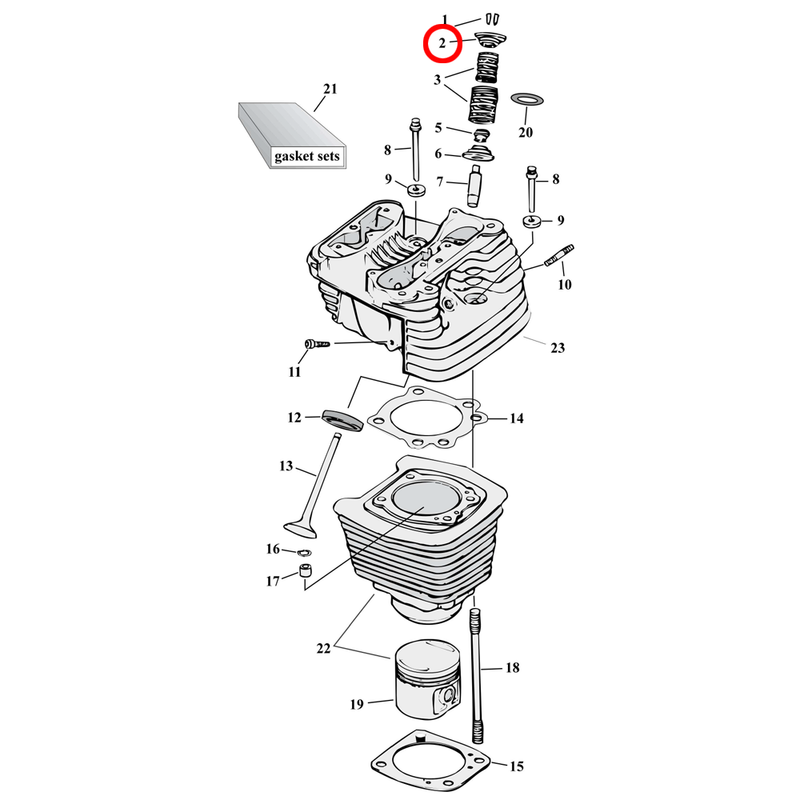 Cylinder Parts Diagram Exploded View for 86-22 Harley Sportster 2) 86-03 XL. Andrews steel valve spring collar set, upper with up to .560" lift