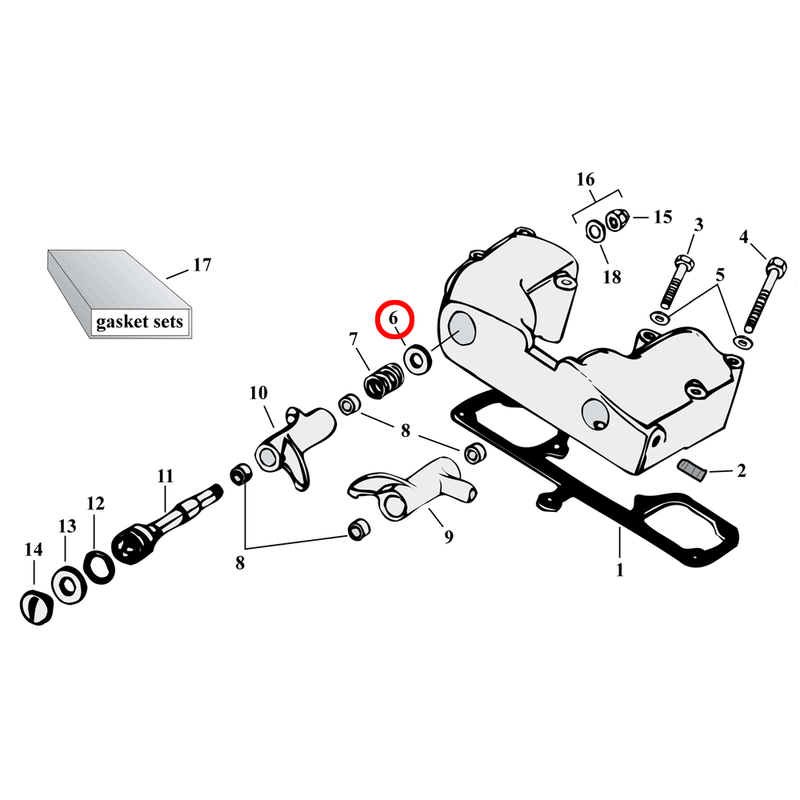 Rocker Box Parts Diagram Exploded View for 57-85 Harley Sportster 6) 57-85 XL. Spacer, rockerarm. Replaces OEM: 17451-57