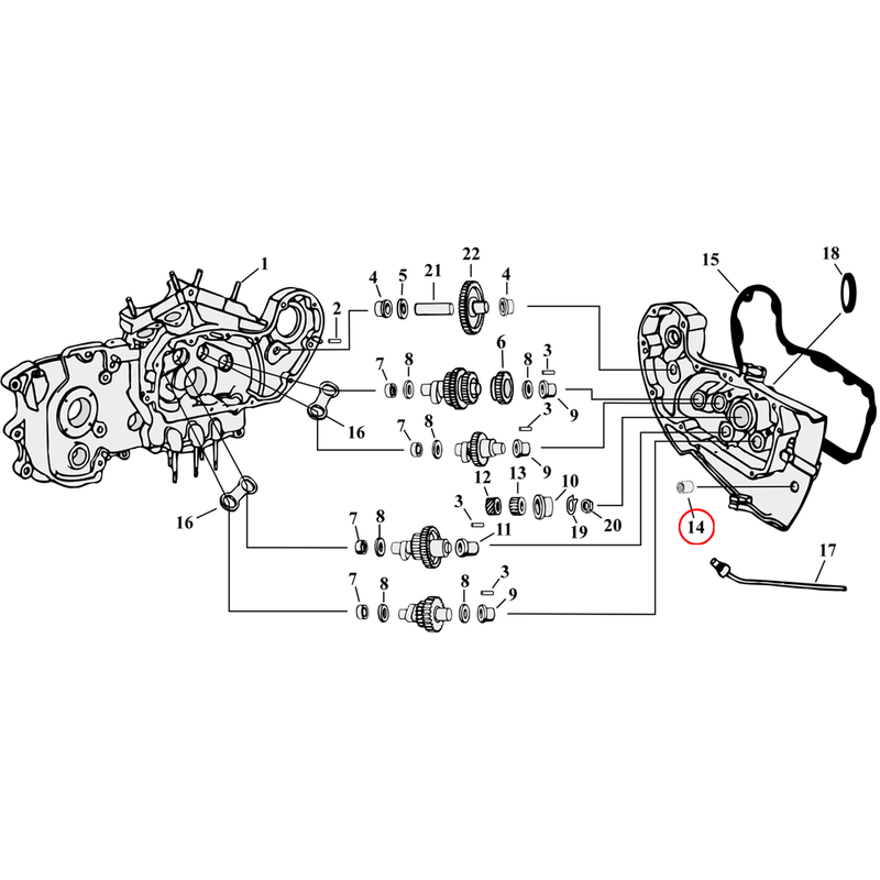 Cam Drive / Cover Parts Diagram Exploded View for 54-90 Harley Sportster 14) 77-E81 XL. Bearing, brake pedal shaft. Replaces OEM: 25594-75