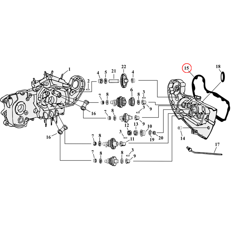 Cam Drive / Cover Parts Diagram Exploded View for 54-90 Harley Sportster 15) 52-81 K, XL. James gasket, cam cover. Paper. Replaces OEM: 25224-52A