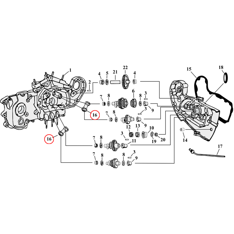 Cam Drive / Cover Parts Diagram Exploded View for 54-90 Harley Sportster 16) 58-90 XL. Lock plate, cam gear (set of 2). Replaces OEM: 25551-58