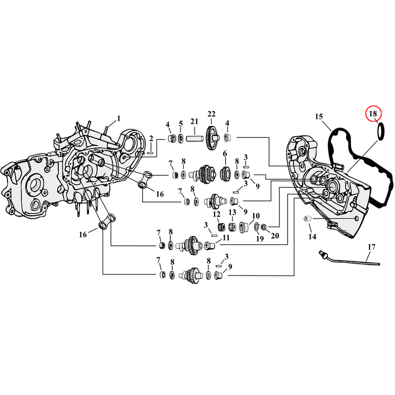 Cam Drive / Cover Parts Diagram Exploded View for 54-90 Harley Sportster 18) 71-03 XL. James single lip seal, camshaft. Replaces OEM: 11124