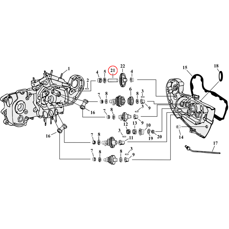 Cam Drive / Cover Parts Diagram Exploded View for 54-90 Harley Sportster 21) 54-78 K, XL. Stud, idler gear. Replaces OEM: 25787-57 & 25776-57