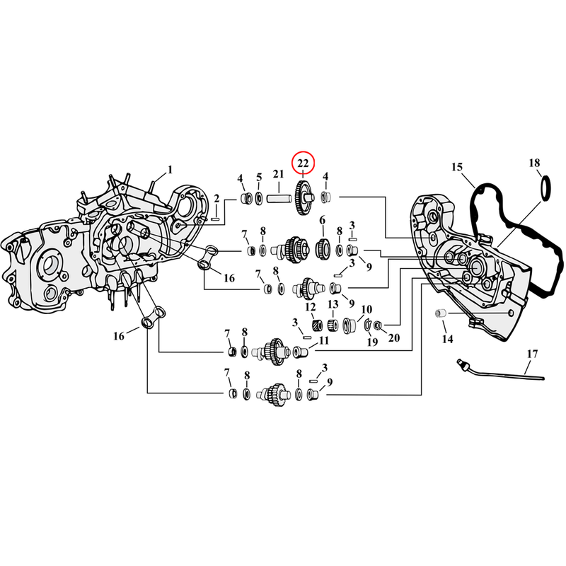 Cam Drive / Cover Parts Diagram Exploded View for 54-90 Harley Sportster 22) 57-E84 XL. Idler gear. Replaces OEM: 25776-57