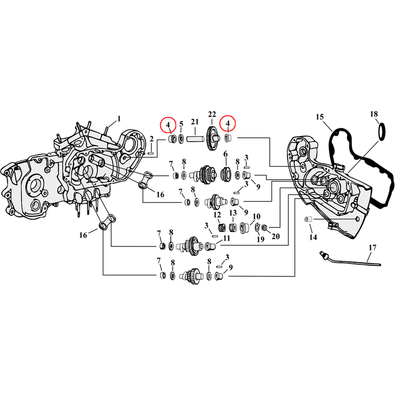 Cam Drive / Cover Parts Diagram Exploded View for 54-90 Harley Sportster 4) 57-E84 XL. Bushing, idler gear. Replaces OEM: 25597-57