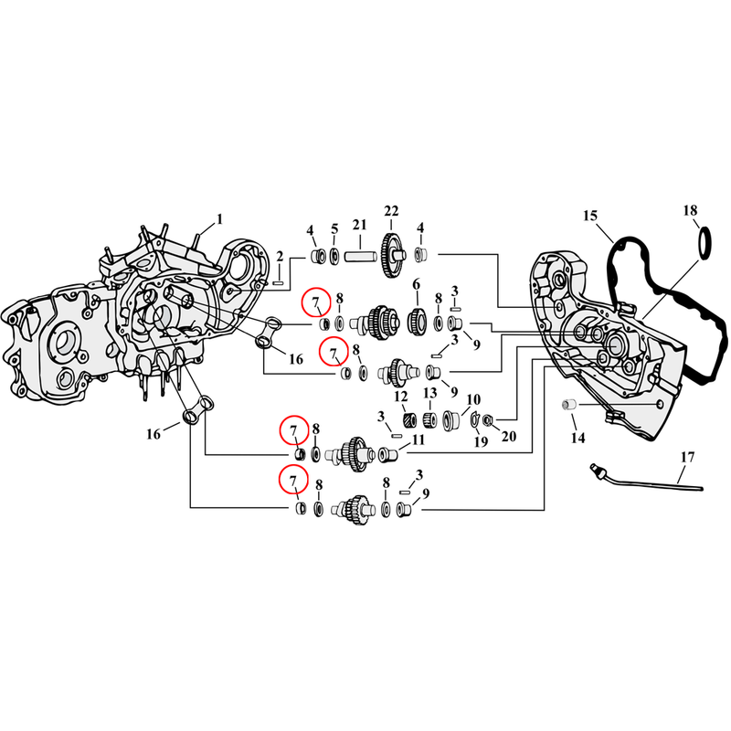 Cam Drive / Cover Parts Diagram Exploded View for 54-90 Harley Sportster 7) L58-90 XL. Koyo needle bearing, camshaft. Replaces OEM: 9057