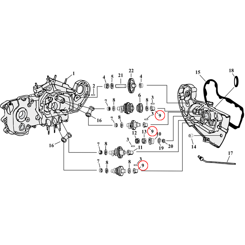 Cam Drive / Cover Parts Diagram Exploded View for 54-90 Harley Sportster 9) 52-90 K, XL. Jims standard size (OD .9405") bushing, camshaft outer (