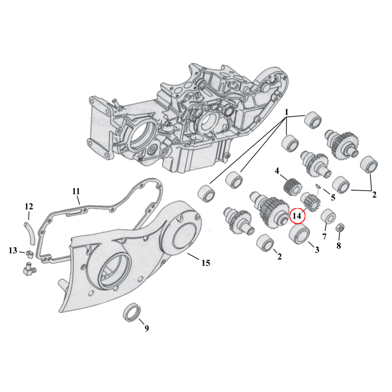 Cam Drive / Cover Parts Diagram Exploded View for 91-22 Harley Sportster 14) 00-22 XL & XR1200. Pinion gear.