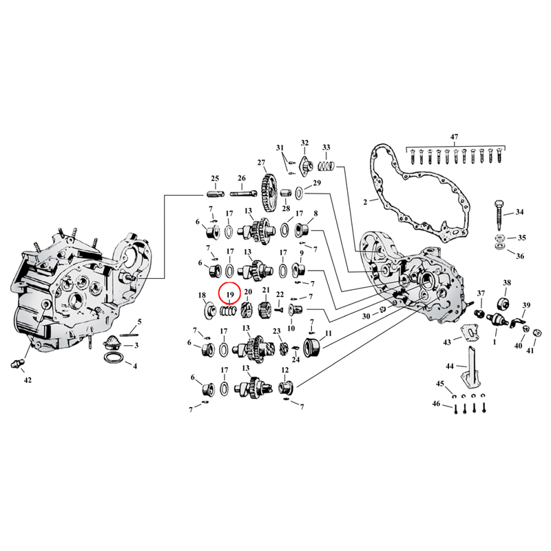 Cam Drive / Cover Parts Diagram Exploded View for Harley 45" Flathead 19) 39-73 45" SV. Spring, pinion seal ring. Replaces OEM: 24699-37