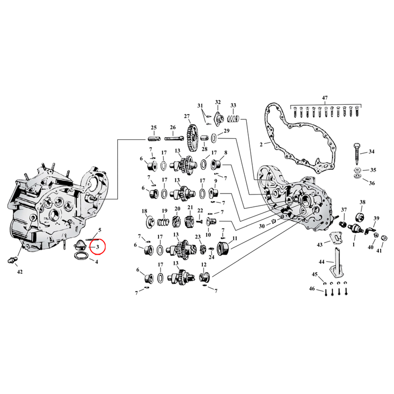 Cam Drive / Cover Parts Diagram Exploded View for Harley 45" Flathead 3) 37-73 45" SV. Oil strainer. Replaces OEM: 24975-37
