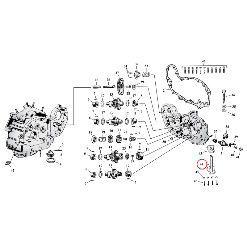 Cam Drive / Cover Parts Diagram Exploded View for Harley 45" Flathead 44) 37-73 45" SV. Breather pipe. Replaces OEM: 24912-37