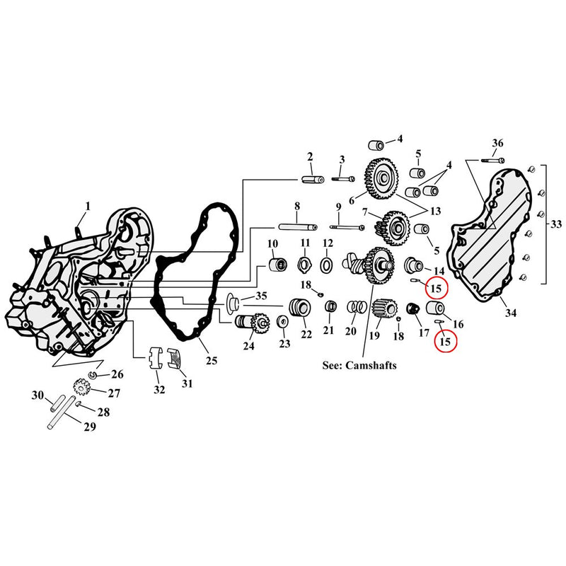 Cam Drive / Cover Parts Diagram Exploded View for Harley Knuckle / Pan / Shovel 15) 36-99 Big Twin. Dowel pin. Replaces OEM: 275