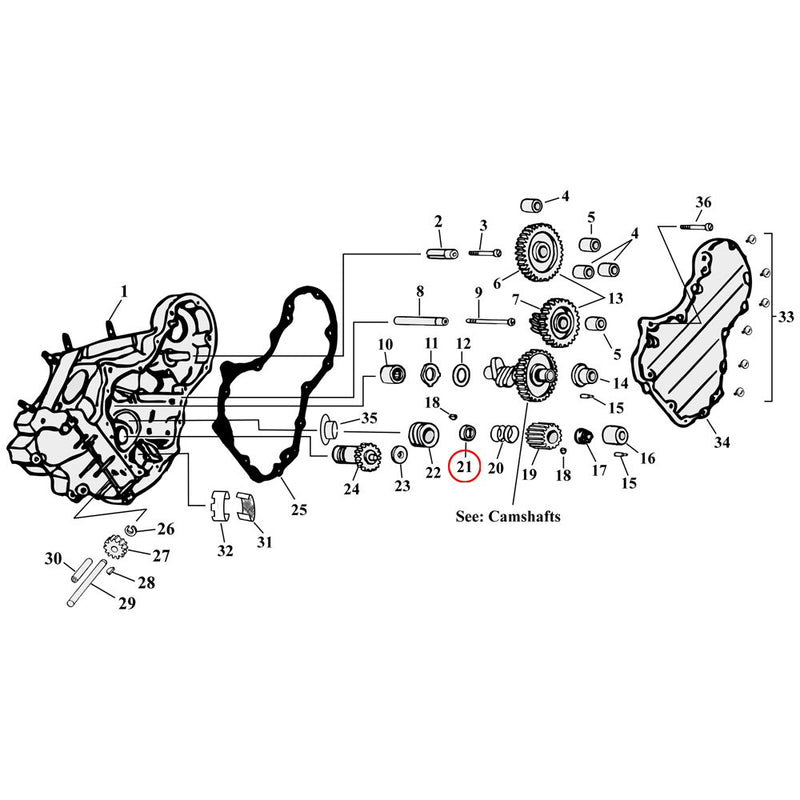 Cam Drive / Cover Parts Diagram Exploded View for Harley Knuckle / Pan / Shovel 21) 54-89 Big Twin. S&S spacer, pinion gear. Replaces OEM: 24703-54B