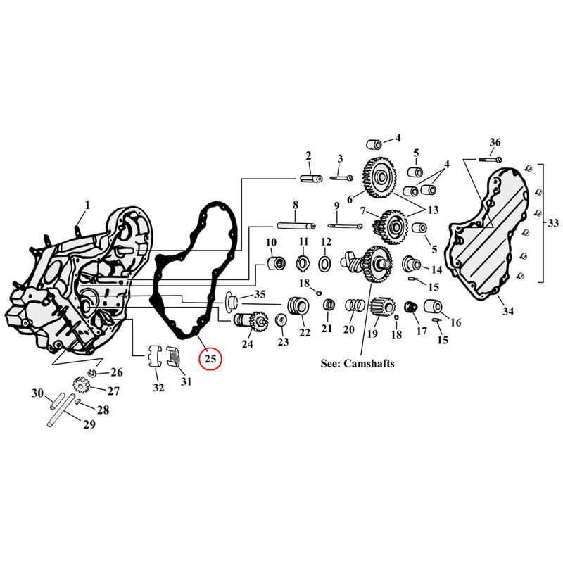 Cam Drive / Cover Parts Diagram Exploded View for Harley Knuckle / Pan / Shovel 25) 41-69 Big Twin. James gasket, cam cover. Paper. Replaces OEM: 25225-36C