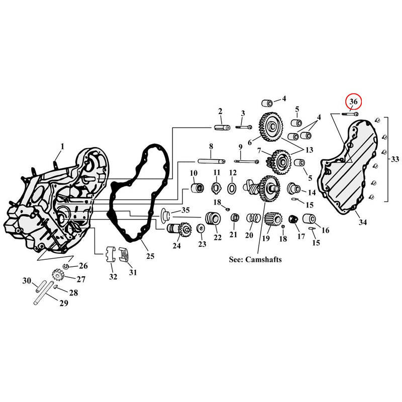 Cam Drive / Cover Parts Diagram Exploded View for Harley Knuckle / Pan / Shovel 36) 36-69 Big Twin. Colony cam cover oil passage bolt. Replaces OEM: 25218-63