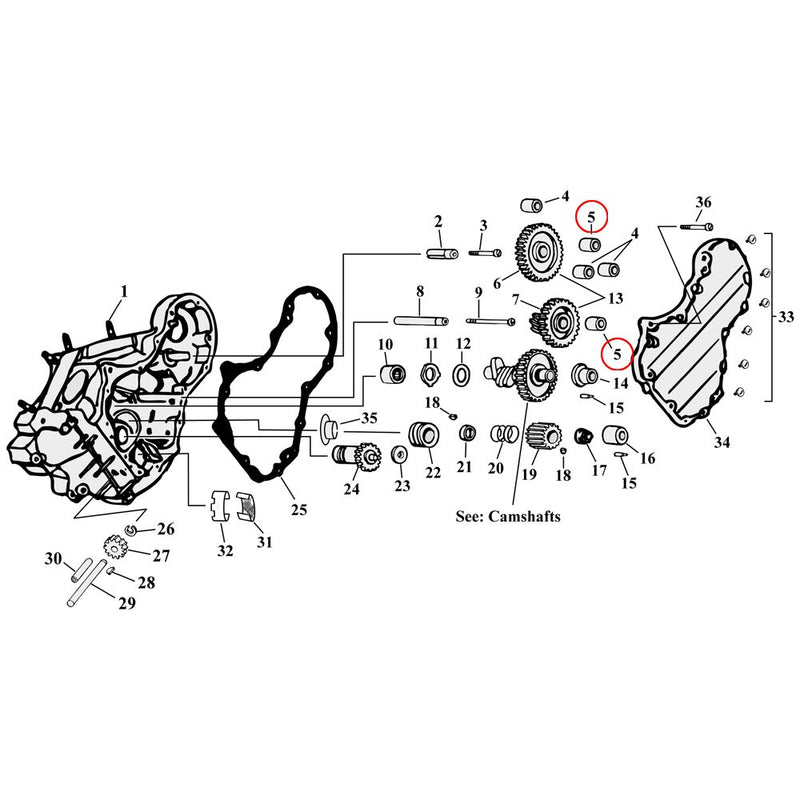 Cam Drive / Cover Parts Diagram Exploded View for Harley Knuckle / Pan / Shovel 5) 36-69 Big Twin. Spacer, idler and circuit breaker gear (set of 2). Replaces OEM: 25800-36