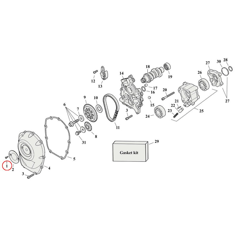 Cam Drive / Cover Parts Diagram Exploded View for Harley Milwaukee Eight 1) 17-23 M8. Bolt set, point cover. Torx self tapping 8-32 x 1/2.