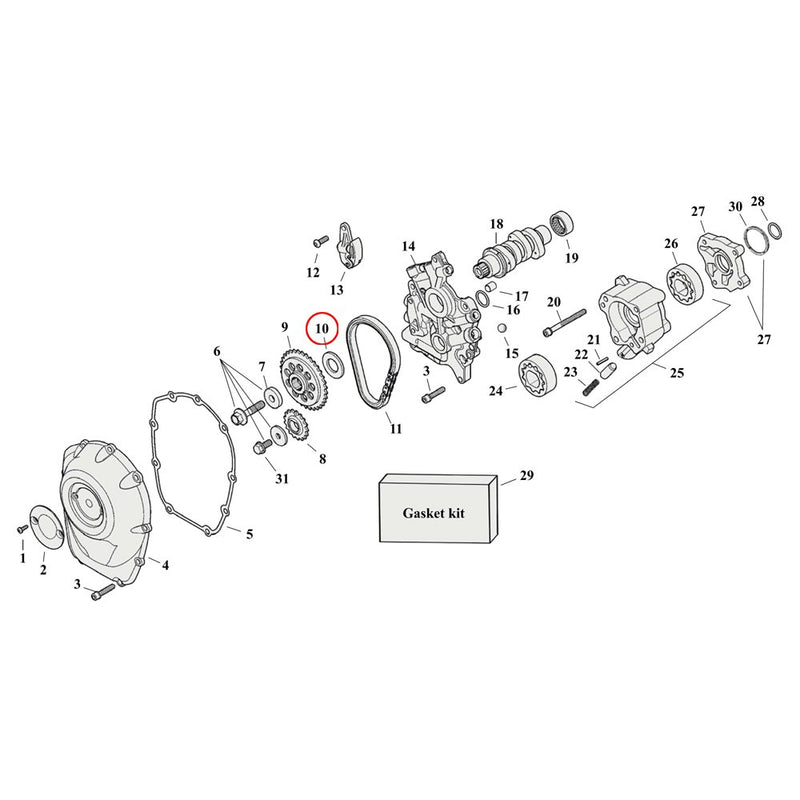 Cam Drive / Cover Parts Diagram Exploded View for Harley Milwaukee Eight 10) 17-23 M8. Spacer camshaft drive sprocket 6-pack sizes .100" to .150"