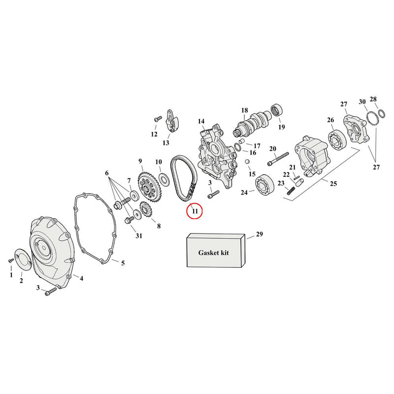 Cam Drive / Cover Parts Diagram Exploded View for Harley Milwaukee Eight 11) 17-23 M8. Chain, camshaft. Replaces OEM: 25675-06