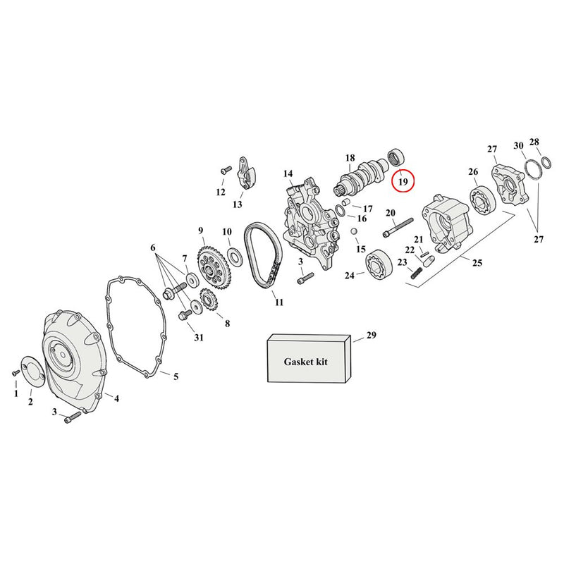 Cam Drive / Cover Parts Diagram Exploded View for Harley Milwaukee Eight 19) 17-23 M8. S&S needle bearing, camshaft. Replaces OEM: 9215