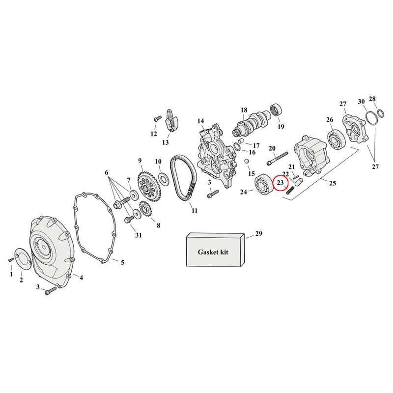 Cam Drive / Cover Parts Diagram Exploded View for Harley Milwaukee Eight 23) 17-23 M8. Spring, relief valve. Replaces OEM: 26210-99