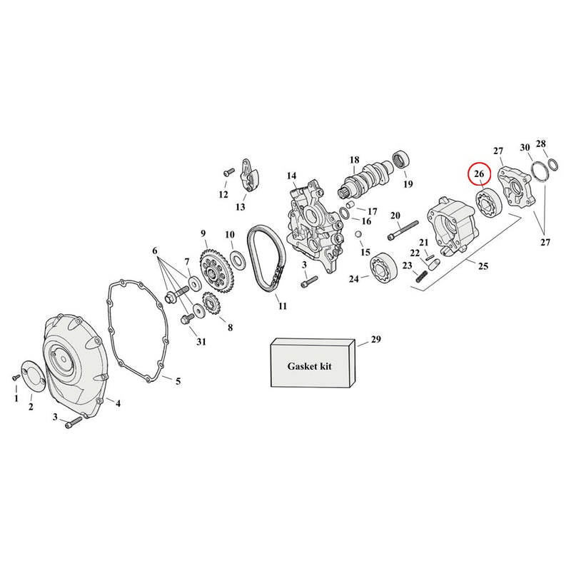 Cam Drive / Cover Parts Diagram Exploded View for Harley Milwaukee Eight 26) 17-23 M8. Gerotor assembly, return. Replaces OEM: 62400233