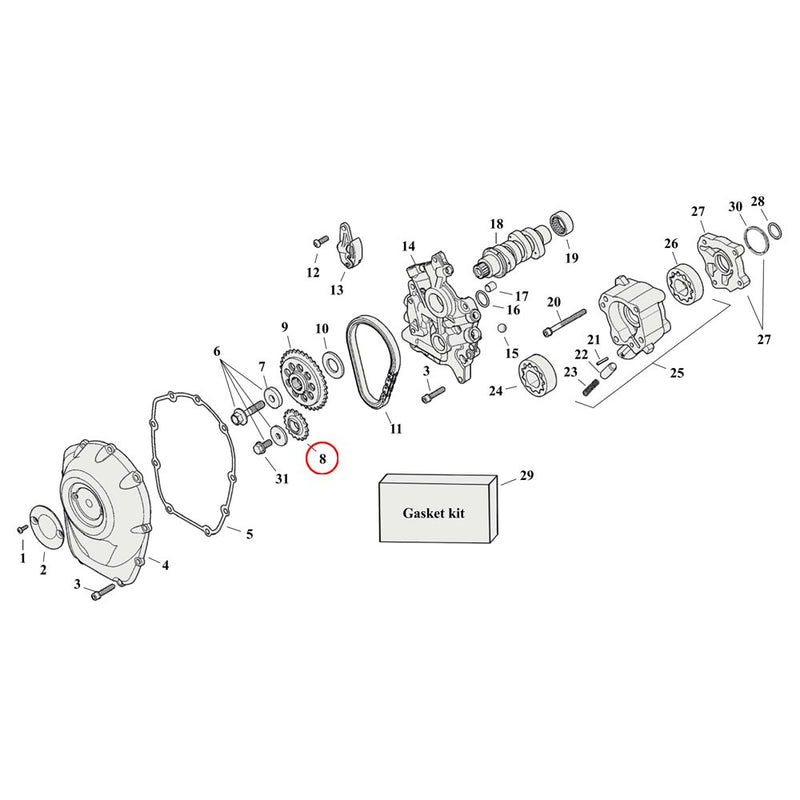 Cam Drive / Cover Parts Diagram Exploded View for Harley Milwaukee Eight 8) 17-23 M8. Cycle Pro cam drive gear 17T. Replaces OEM: 25673-06