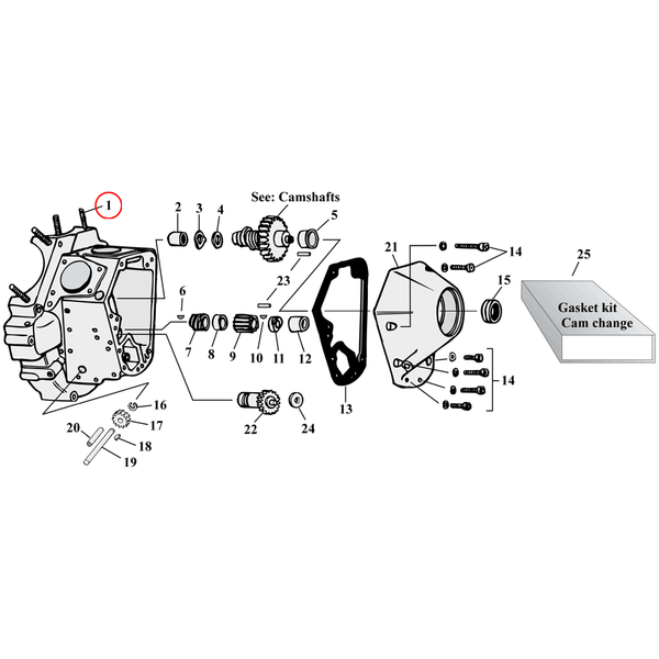 Cam Drive / Cover Parts Diagram Exploded View for Harley Shovelhead & Evolution Big Twin 1) 30-77 Big Twin. Stud set, cylinder base (set of 5). Replaces OEM: 16831-30