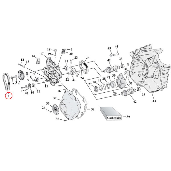 Cam Drive / Cover Parts Diagram Exploded View for Harley Twin Cam 1) 99-06 TCA/B (excl. 2006 Dyna). Cam chain, outer. Replaces OEM: 25610-99