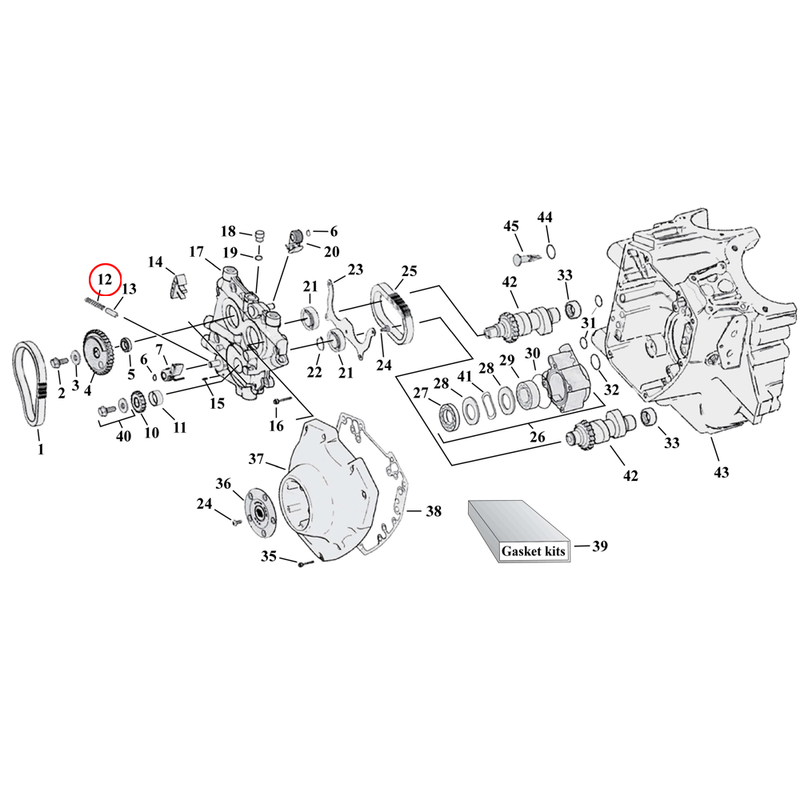 Cam Drive / Cover Parts Diagram Exploded View for Harley Twin Cam 12) 99-17 TCA/B. Spring, relief valve oil pump. Replaces OEM: 26210-99