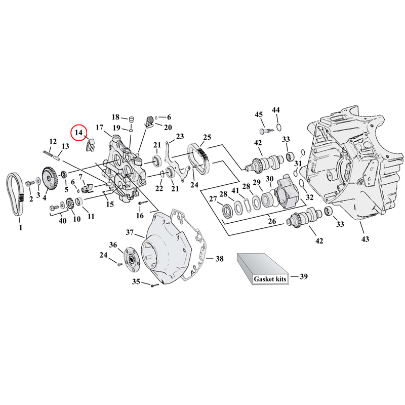 Cam Drive / Cover Parts Diagram Exploded View for Harley Twin Cam 14) 99-06 TCA/B (excl. 2006 Dyna). Guide, primary cam chain. Replaces OEM: 39965-99