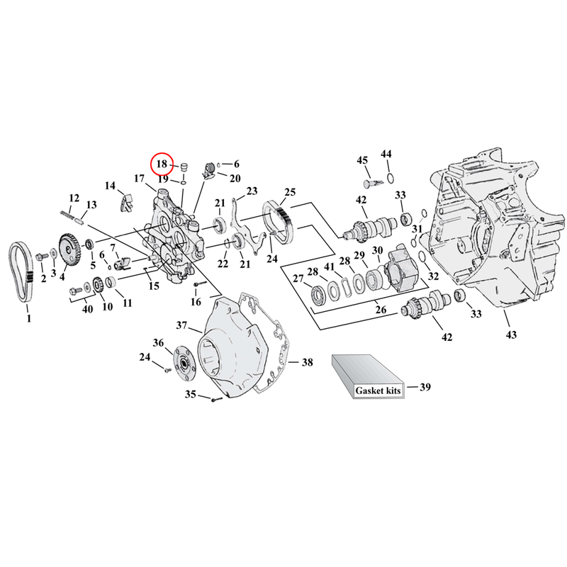 Cam Drive / Cover Parts Diagram Exploded View for Harley Twin Cam 18) 99-06 TCA/B (excl. 2006 Dyna). Plug, cam support plate. Replaces OEM: 3290