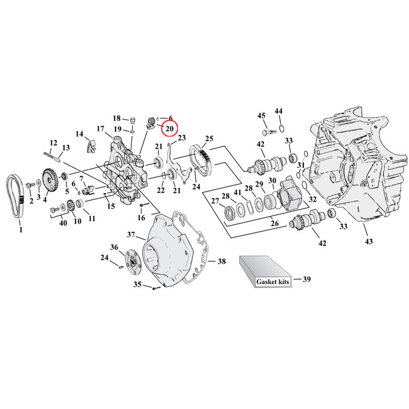 Cam Drive / Cover Parts Diagram Exploded View for Harley Twin Cam 20) 99-06 TCA/B (excl. 2006 Dyna). Cam chain tensioner, inner. Replaces OEM: 39964-99A