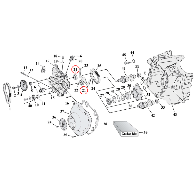 Cam Drive / Cover Parts Diagram Exploded View for Harley Twin Cam 21) 99-06 TCA/B (excl. 2006 Dyna). Koyo outer cam ball bearing. Replaces OEM: 8990A