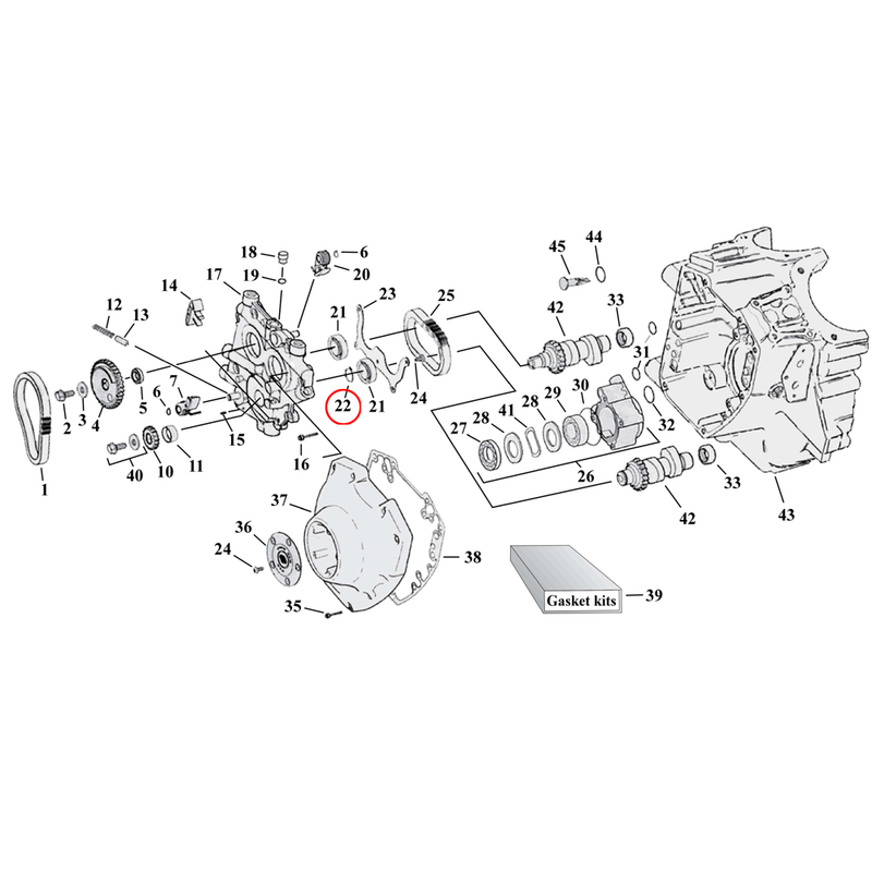 Cam Drive / Cover Parts Diagram Exploded View for Harley Twin Cam 22) 99-06 TCA/B (excl. 2006 Dyna). Retaining ring, outer front camshaft. Replaces OEM: 11494