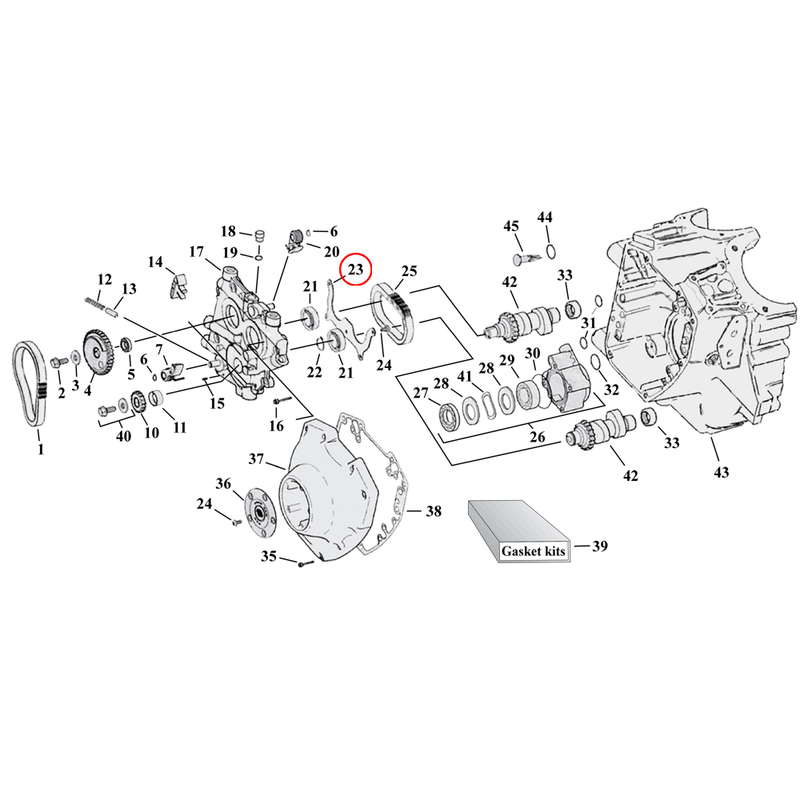 Cam Drive / Cover Parts Diagram Exploded View for Harley Twin Cam 23) 99-06 TCA/B (excl. 2006 Dyna). Cam bearing retainer (set of 2). Replaces OEM: 35052-99 & 35060-00