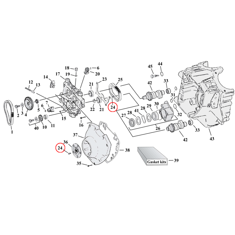Cam Drive / Cover Parts Diagram Exploded View for Harley Twin Cam 24) 07-13 Softail; 06-07 Dyna. Bolt, point cover. Replaces OEM: 68042-99