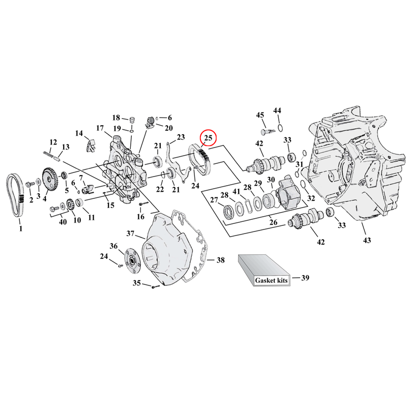 Cam Drive / Cover Parts Diagram Exploded View for Harley Twin Cam 25) 99-06 TCA/B (excl. 2006 Dyna). Cam chain, inner. Replaces OEM: 25607-99