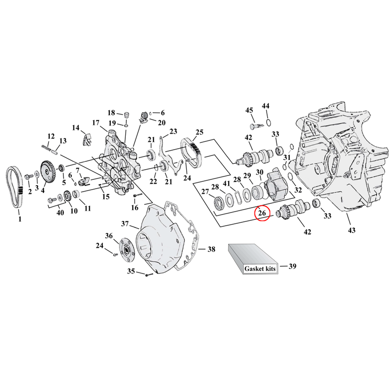 Cam Drive / Cover Parts Diagram Exploded View for Harley Twin Cam 26) 99-06 TCA/B (excl. 2006 Dyna). Oil pump assembly. Replaces OEM: 26035-99B