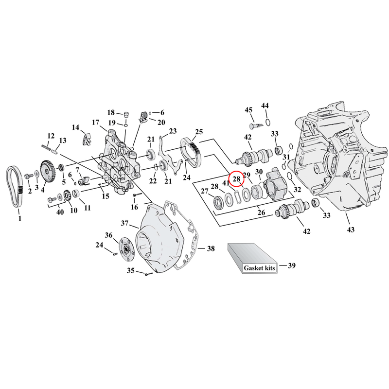 Cam Drive / Cover Parts Diagram Exploded View for Harley Twin Cam 28) 00-06 TCA/B (excl. 2006 Dyna). Separator plate. Replaces OEM: 26248-00