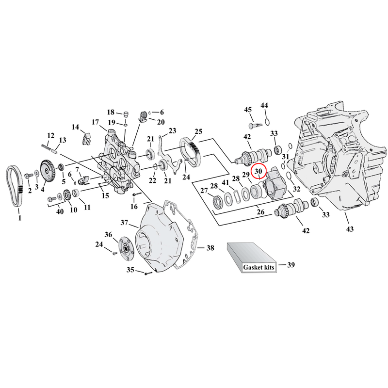 Cam Drive / Cover Parts Diagram Exploded View for Harley Twin Cam 30) 99-06 TCA/B (excl. 2006 Dyna). James o-ring, oil pump housing. Replaces OEM: 11286
