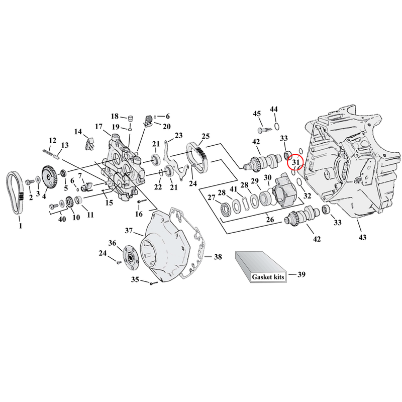 Cam Drive / Cover Parts Diagram Exploded View for Harley Twin Cam 31) 99-06 TCA/B (excl. 2006 Dyna). James o-ring, crankcase to cam support. Replaces OEM: 11301