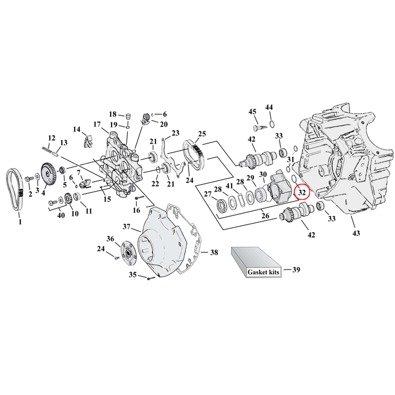 Cam Drive / Cover Parts Diagram Exploded View for Harley Twin Cam 32) 02-06 TCA/B (excl. 2006 Dyna). James o-ring, oil pump return port stub. Replaces OEM: 11157