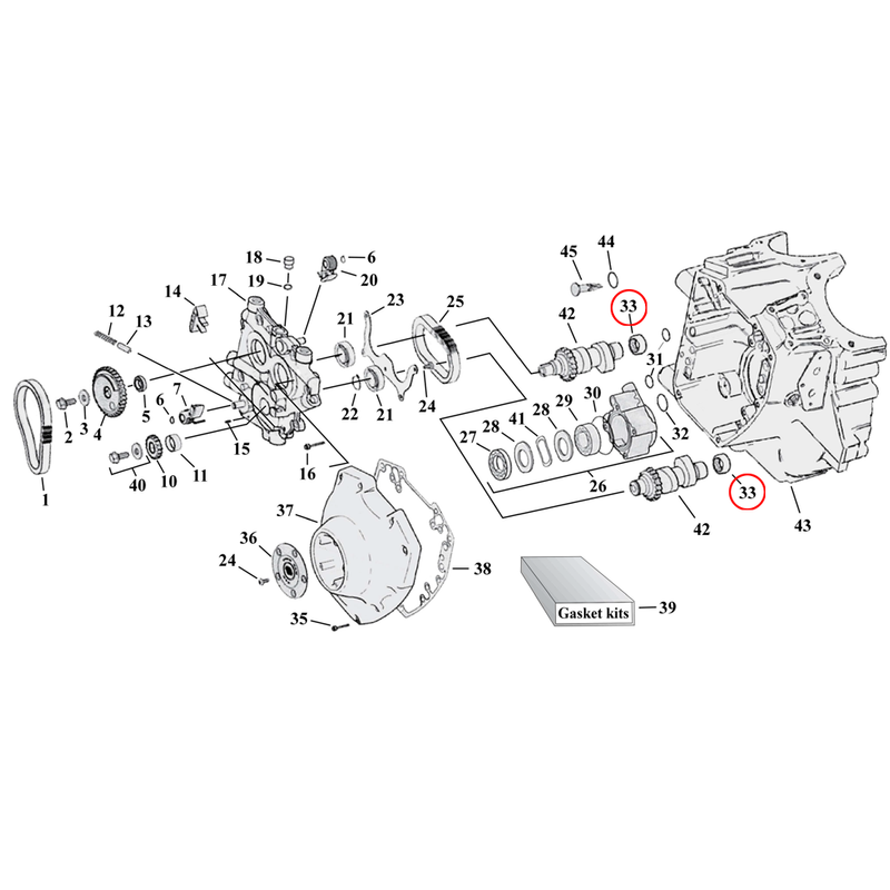 Cam Drive / Cover Parts Diagram Exploded View for Harley Twin Cam 33) 99-06 TCA/B (excl. 2006 Dyna). Koyo needle bearing cam, inner. Replaces OEM: 9198