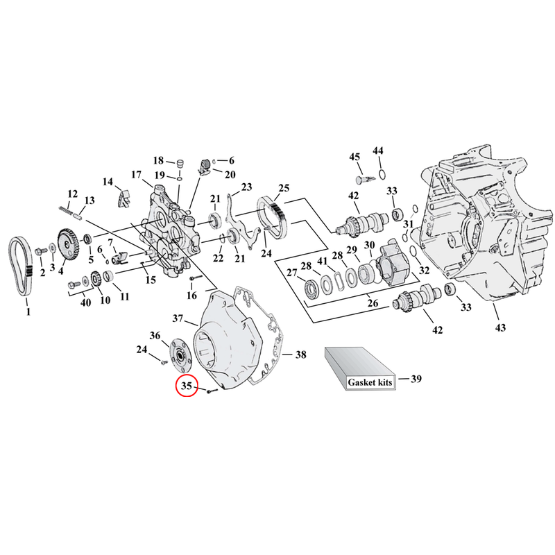 Cam Drive / Cover Parts Diagram Exploded View for Harley Twin Cam 35) 99-17 TCA/B. Allen screw, cam cover. Replaces OEM: 4740A