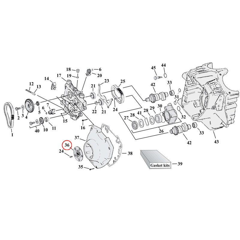 Cam Drive / Cover Parts Diagram Exploded View for Harley Twin Cam 36) 99-17 TCA/B. Twin Cam domed point cover, chrome.