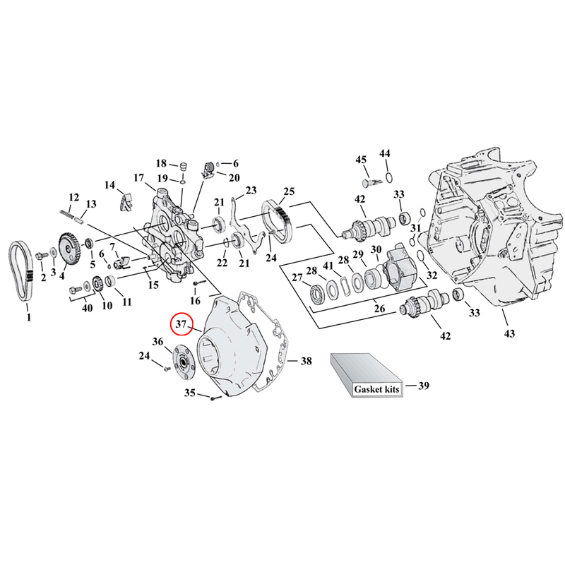 Cam Drive / Cover Parts Diagram Exploded View for Harley Twin Cam 37) 01-17 TCA/B. Cam cover, chrome incl. hardware and gasket. Replaces OEM: 25369-01B