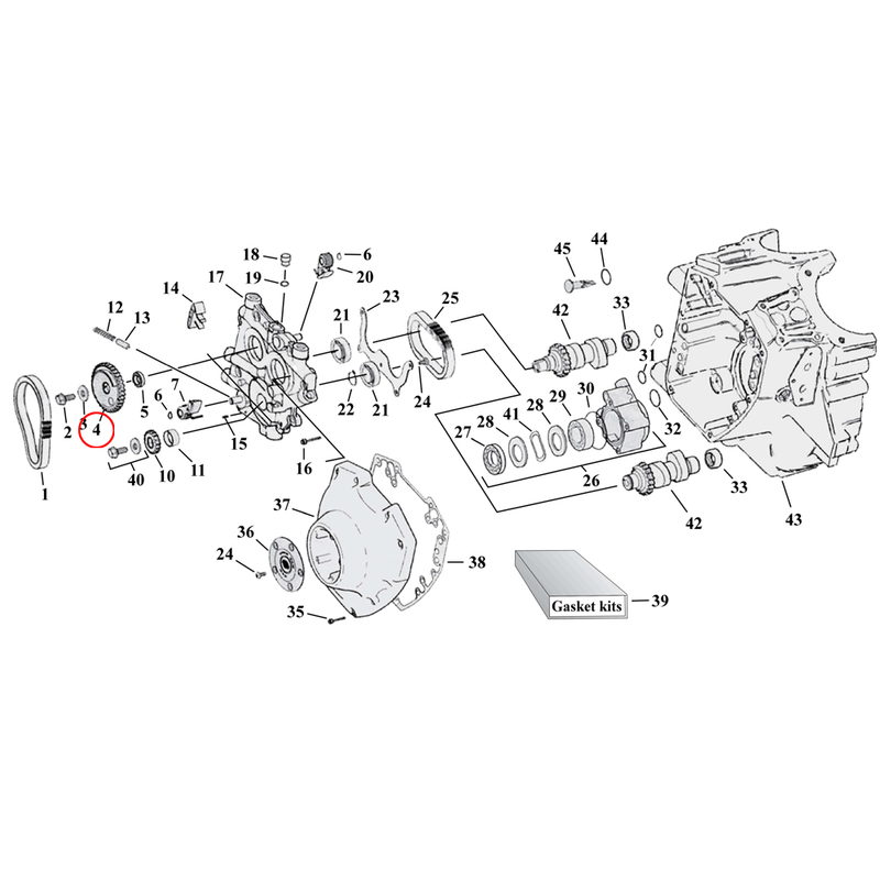 Cam Drive / Cover Parts Diagram Exploded View for Harley Twin Cam 4) 00-06 Softail, 00-03 Touring & Dyna & 2005 Dyna. Andrews splined cam driven gear, 34T. Replaces OEM: 25517-99